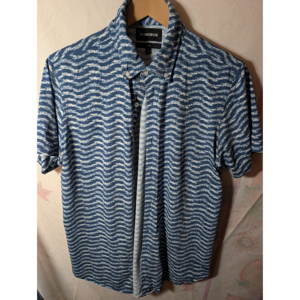 Bonobos Men’s Slim Fit Short Sleeve Button Up Shirt Blue Wave Size Medium